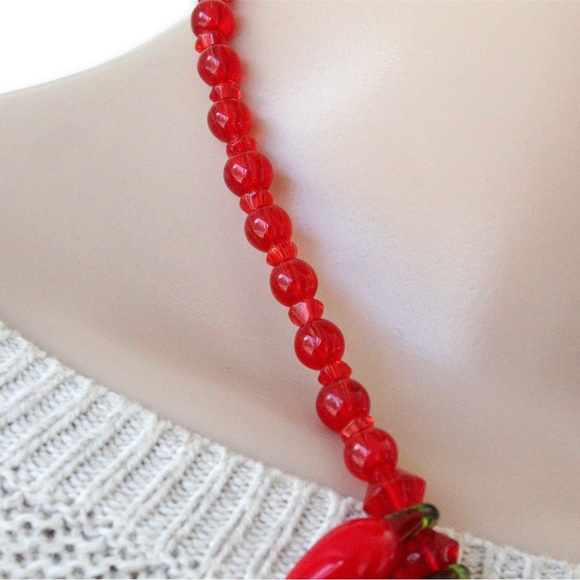 Blown Glass Red Chili Pepper Beaded Necklace Red Beads Handmade Art Glass - Picture 3 of 4